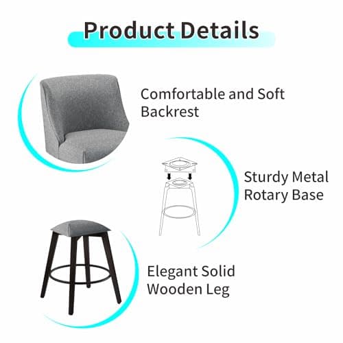 Set of 2 Swivel Counter Height Bar Stools With Back, Solid Wood Stand, Faux Leather Upholstery, Dark Grey
