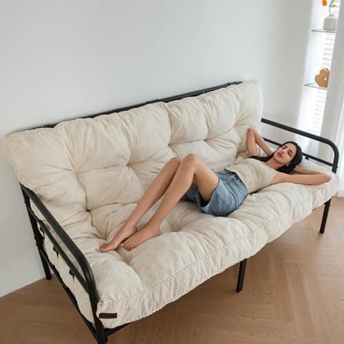 MAXYOYO 6" Tufted Queen Futon Mattress with Twisted Rope Edging, Thick Fabric & Shredded Foam (Beige)