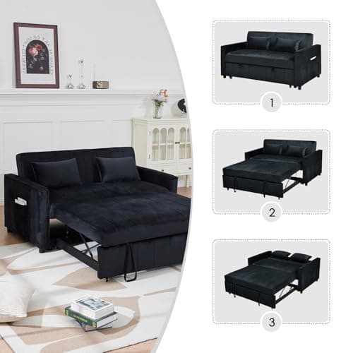 55.51" Black Velvet Futon Sofa Bed with Pullout Bed & Adjustable Backrest