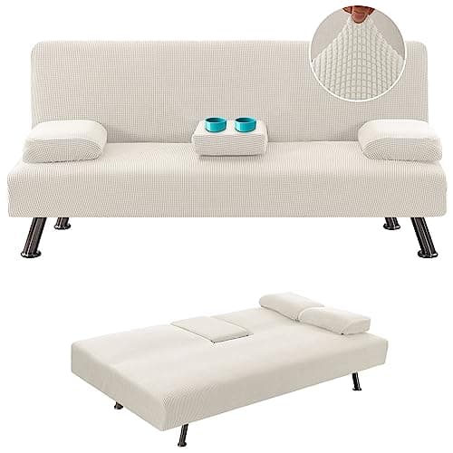 Stretch Futon Sofa Bed Slipcover with Removable Armrests and Cupholders - Grey