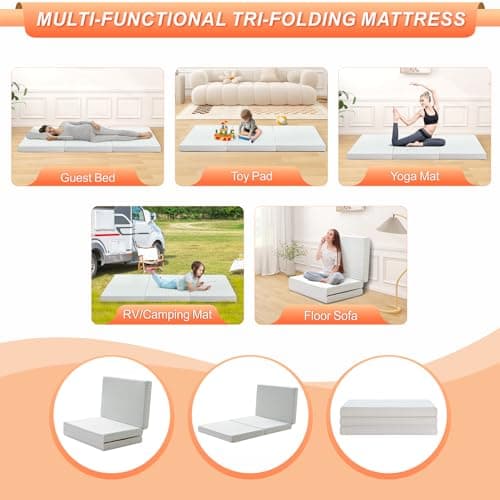 4 Inch Queen Tri Folding Memory Foam Mattress with Washable Cover - Portable Mattress Topper for Yoga/Camping/RV/Guest Beds