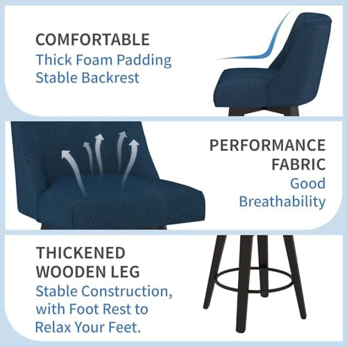 360°Swivel Counter Height Bar Stool Set, 26in Modern Navy Blue Kitchen Chair with Wooden Legs and Back.