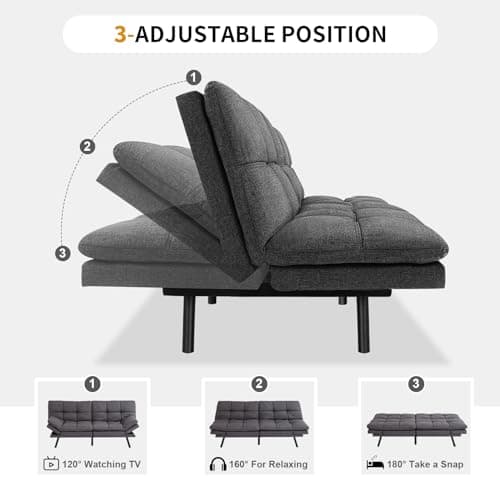 Convertible Futon Sofa Bed with Memory Foam, Adjustable Full Size Recliner, Dark Grey, for Living Room or Office