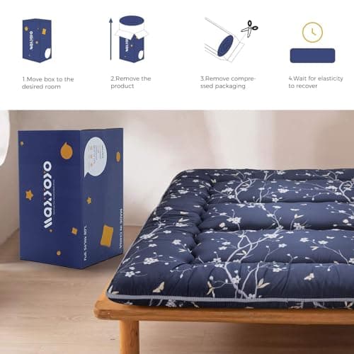 MAXYOYO Navy Floral Japanese Foldable Futon Mattress Twin Size