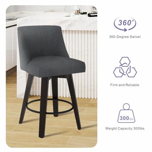 MUUEGM Set of 2 360° Swivel Bar Stools, 26 Height, Dark Grey Fabric Upholstered