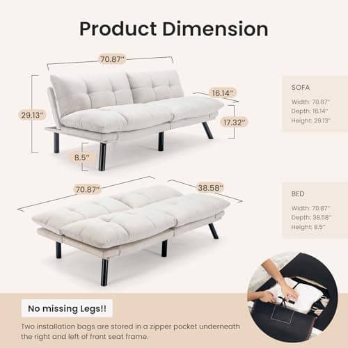 71" Comfy Velvet Convertible Futon Sofa Bed with 7" Pillow Cushion for Small Spaces