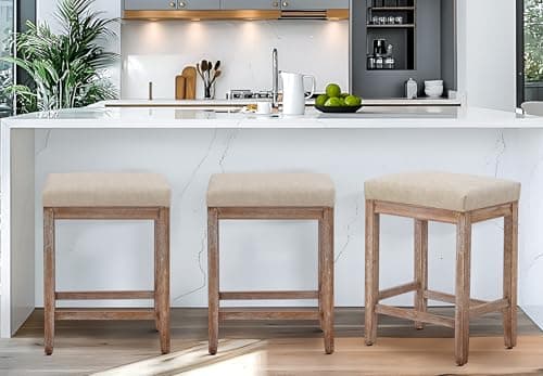 Modern Khaki Faux Leather Bar Stool Set, Counter Height 3 Pack Wood Legs