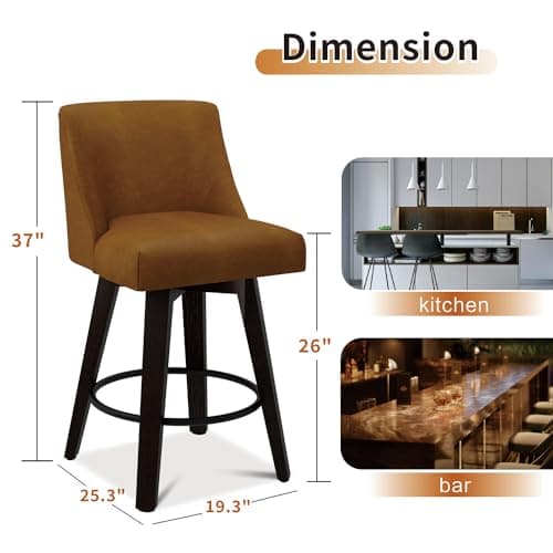 360° Swivel Counter Barstool Set of 1, 26 inch Height Kitchen Island Stool with Solid Wood Legs, Faux Leather Upholstered, Brown