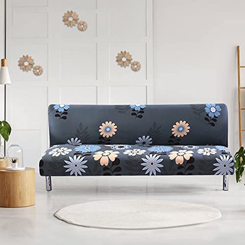 Armless Futon Slipcovers Stretch Sofa Bed Cover with Elastic Bottom, Printed Fitted Couch Cover for Pets, Kids