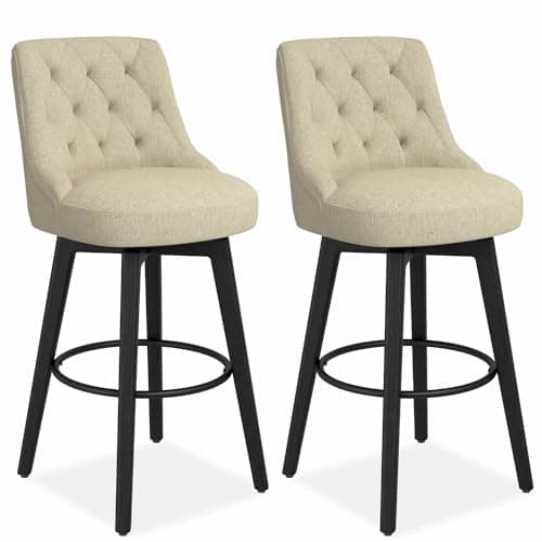 Thickened Upholstered Counter Stools Set of 2 with Swivel, Backs and Solid Wood Legs for Bar, Kitchen Island, Dining Room in Navy Blue