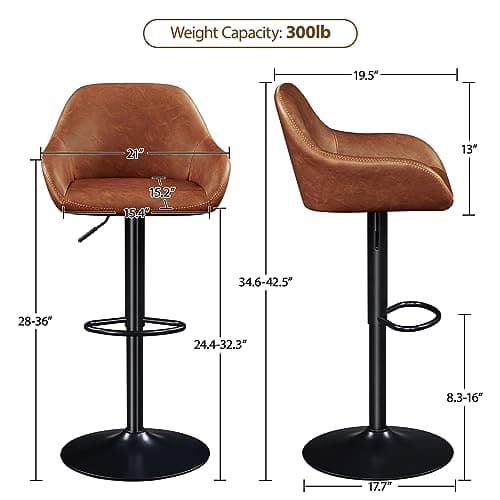 Yaheetech Brown PU Leather Swivel Bar Stool Set, Counter Height, Adjustable Backrest & Footrest