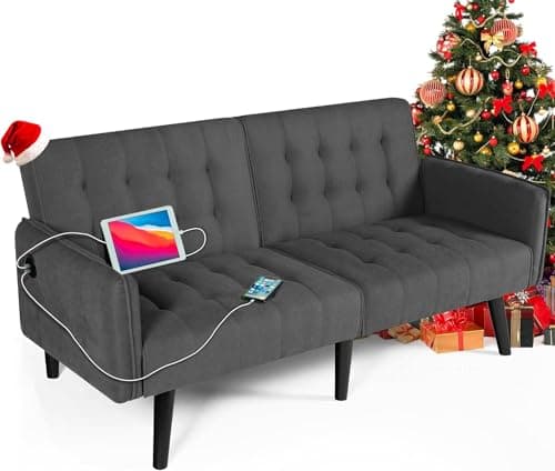TYBOATLE Dark Grey Convertible Futon Sofa Bed with USB, Loveseat for Living Room & Bedroom