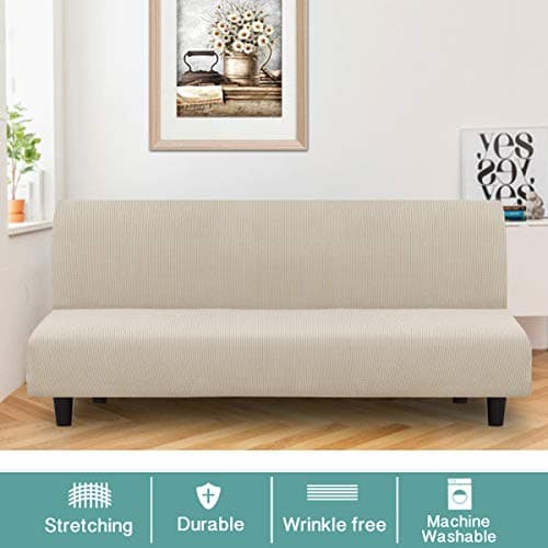 Turquoize Stretch Elastic Futon Couch Cover, Thick Soft Biscotti Beige