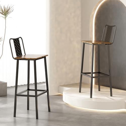 GILLAS Rustic Brown Bar Stools with Backrest and Footrest, Industrial Style