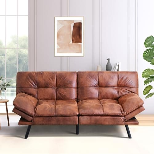 Memory Foam Futon Sofa Bed with Adjustable Backrest in Brown for Living Room