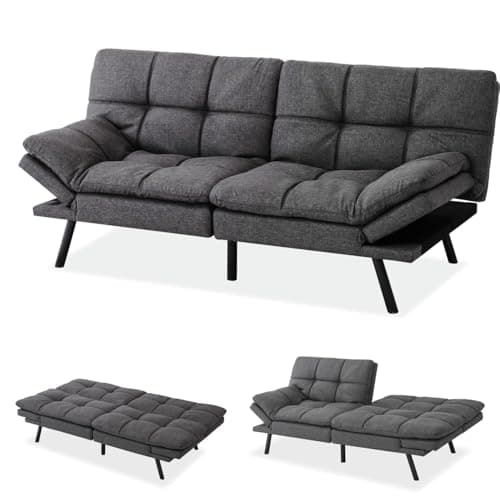 MUUEGM 71-Inch Convertible Memory Foam Futon Sofa Bed with Armrests for Small Spaces - Dark Grey