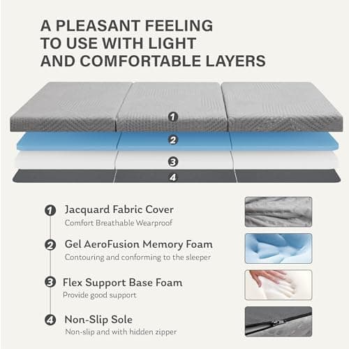 Portable Tri-Fold Memory Foam Mattress, Single, 4 inch, Washable Cover, Travel Mat, 75×25×4, Grey