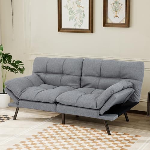MUUEGM Linen Memory Foam Convertible Sofa Bed, 71", Light Grey, Living Room Sleeper Couch