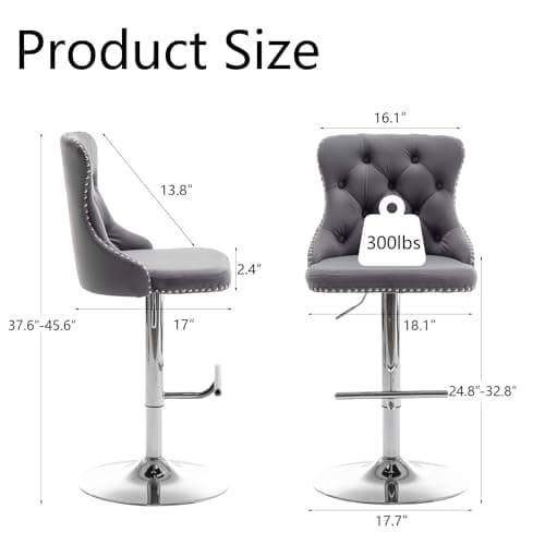 Velvet Swivel Bar Stools Set of 2 with Nailheads Trim and Button, Adjustable for Kitchen Island, Pub, Club (Grey)