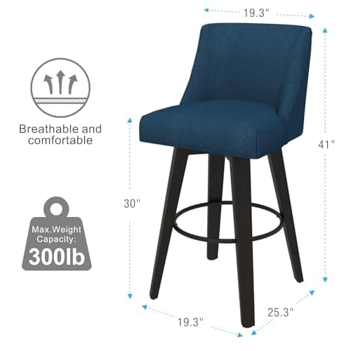 Counter Height Bar Stools Set of 2 with Swivel and Back, Fabric Upholstered Navy Blue