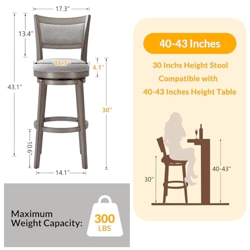 PrimeZone 30 Inch High Back Swivel Bar Stool Set, Grey Kitchen Island Counter Chairs