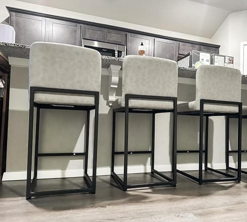 ALPHA HOME Light Gray 24" Counter Height Bar Stool Set of 3 Pu Leather Backrest Footrest Steel Frame