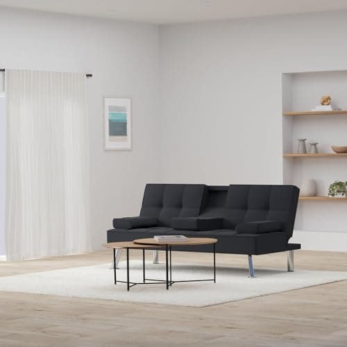 Best Choice Products Reclining Linen Folding Futon Sofa Bed, 2 Cupholders - Black