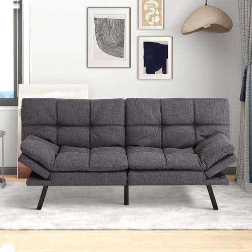 MUUEGM Futon Sofa Bed with Memory Foam, Modern Faux Leather, Adjustable Backrests and Armrests, Brown