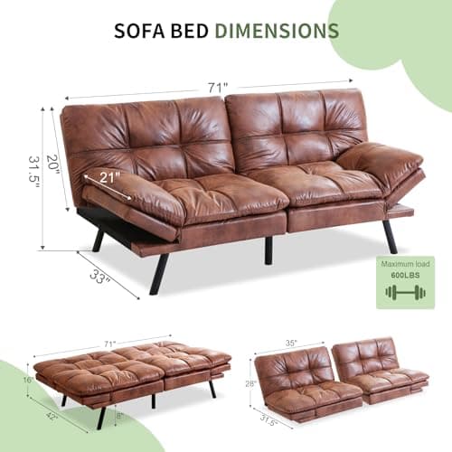 MUUEGM Futon Sofa Bed with Memory Foam, Modern Faux Leather, Adjustable Backrests and Armrests, Brown