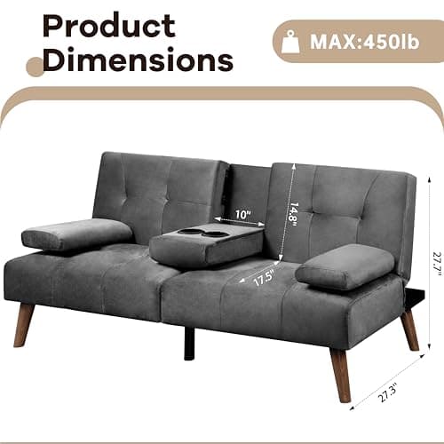 Walsunny Velvet Futon Sofa Bed with Cup Holder and Adjustable Backrest