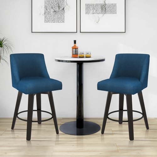 360°Swivel Counter Height Bar Stool Set, 26in Modern Navy Blue Kitchen Chair with Wooden Legs and Back.