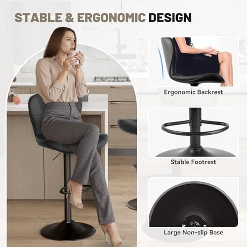 Modern Black Adjustable Bar Stools Set of 2, Counter Height with Footrest