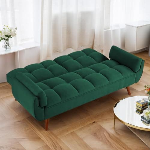 Green Convertible Futon Couch Bed, 3 Seater Sleeper Sofa with Adjustable Backrests