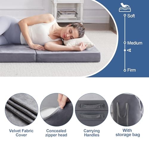 Portable 4 Inch Foldable Mattress, Foam Topper, Breathable Velvet Cover, Grey, for Travel and Yoga