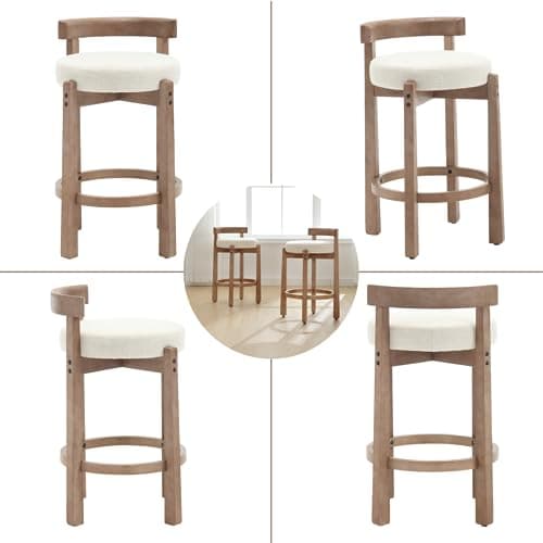 Mid-Century Linen Upholstered Bar Stools, Beige, Set of 2