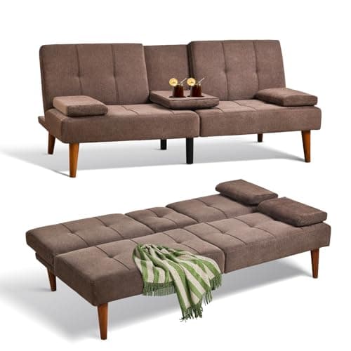 COLAMY Convertible Futon Sofa Bed, Light Grey, 2 Cup Holders