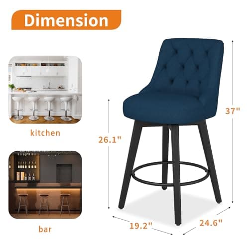 Thickened Upholstered Counter Stools Set of 2 with Swivel, Backs and Solid Wood Legs for Bar, Kitchen Island, Dining Room in Navy Blue