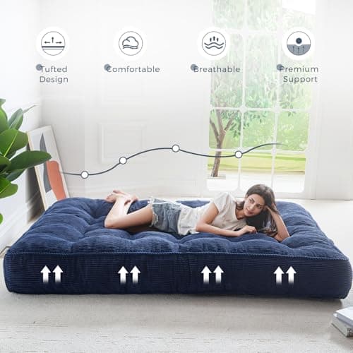 MAXYOYO Queen Size Ultra Thick Futon Mattress Sofa Bed, Shredded Foam Filling, Corded Fabric, Navy