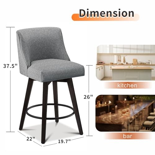 Set of 2 Swivel Counter Height Bar Stools With Back, Solid Wood Stand, Faux Leather Upholstery, Dark Grey