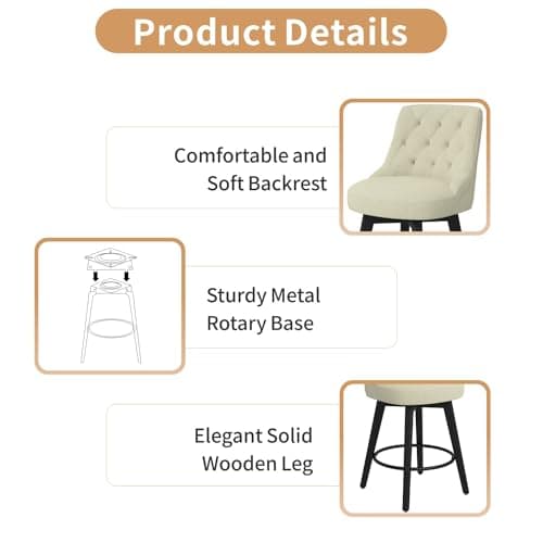 Modern Swivel Bar Stools Set of 2, Counter Height with Back, Solid Wood Legs, Ivory White