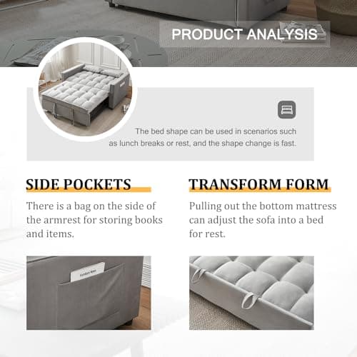 Grey Modern 3-in-1 Futon Sofa Bed with Pullout Bed and Storage Pockets