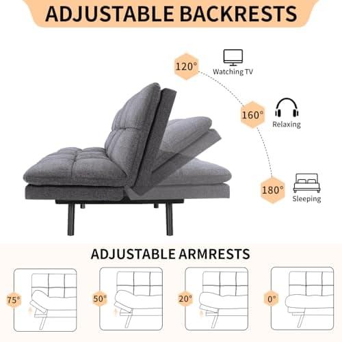 MUUEGM 71-Inch Convertible Memory Foam Futon Sofa Bed with Armrests for Small Spaces - Dark Grey