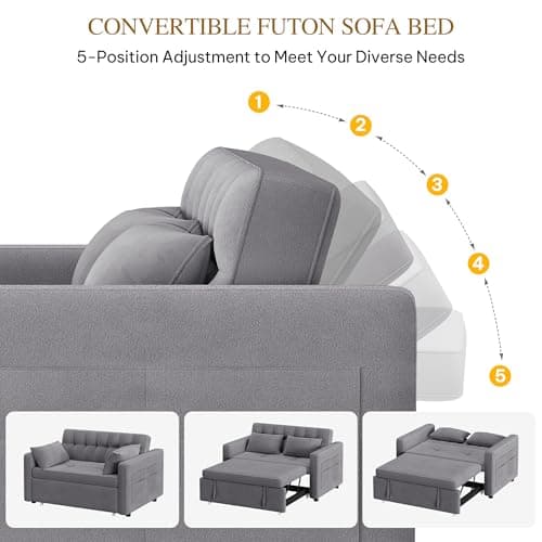 3-in-1 Cat-Scratch-Proof Grey Sofa Bed, 55" Living Room Loveseat with Pull-Out Bed and Adjust Backrest