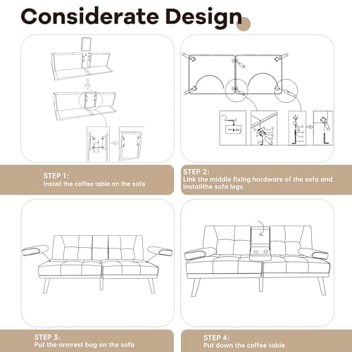 Walsunny Velvet Futon Sofa Bed with Cup Holder and Adjustable Backrest