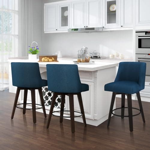 360°Swivel Counter Height Bar Stool Set, 26in Modern Navy Blue Kitchen Chair with Wooden Legs and Back.