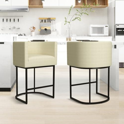 Modern counter height bar stool with backrest and cushion seat.