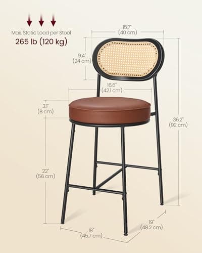 Counter Height Bar Stools Set of 2 with Rattan Back and Leather Upholstery