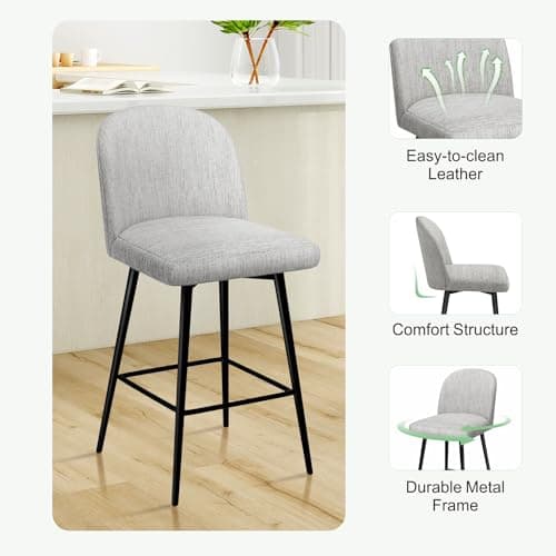 Modern 360° Swivel Bar Stools Set of 3, High Back Linen Fabric Counter Height Chairs