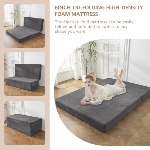 BYBYME 6 Inch Gel Tri-Fold Corduroy Mattress Topper, Washable Cover (Carbon Gray, Full)