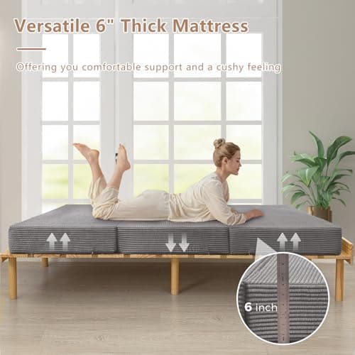 BYBYME 6 Inch Gel Tri-Folding Corduroy Mattress, Washable Cover (Grey, Full)